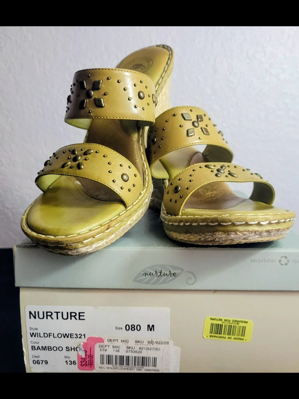 Nurture Brand Women's Bamboo-Color Studded Slide Sandals Wedge Jute 3in Heel Sz8